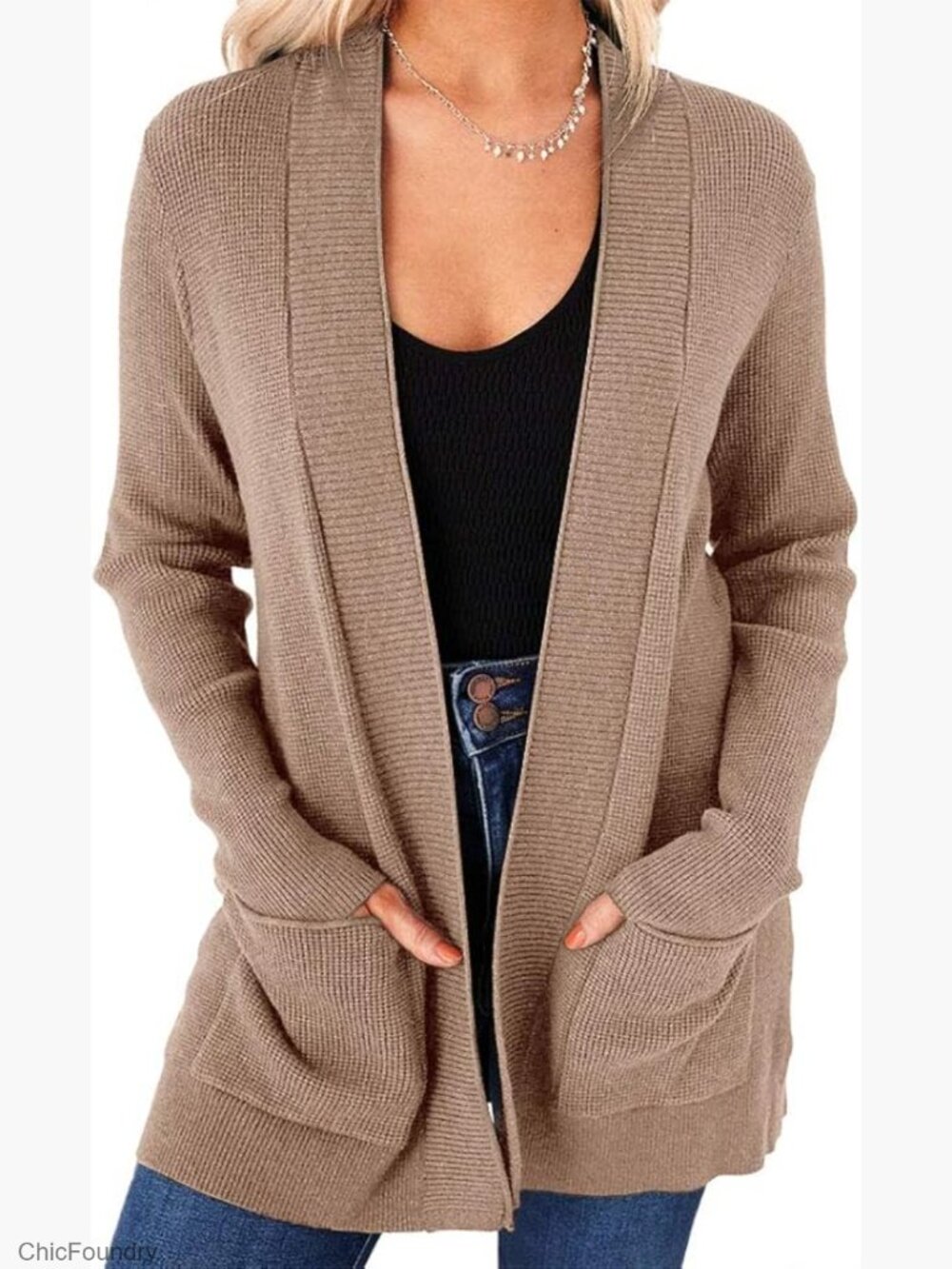 Women's Open Front Cardigan Long Sleeve Knit Sweater with Pockets